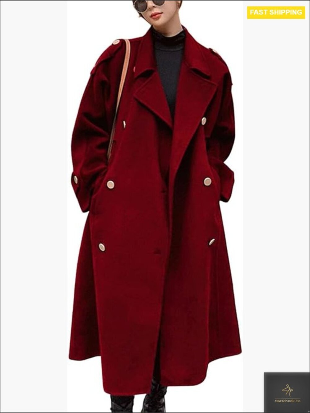 Wool Pea Coat Double Breasted Notch Lapel Midi Long Winter Trench Coat